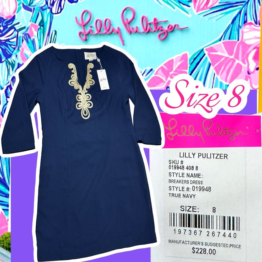 Lilly Pulitzer Kade Dress Navy Gold Embroidered Shift Size 8 NWT